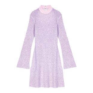 Maje Outlets春夏女装粉色亮片露背长袖收腰短款针织连衣裙两件套