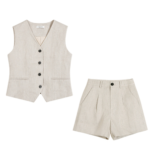 Maven Lin 亚麻两件套 老钱风设计感V领短款马甲+阔腿休闲短裤女