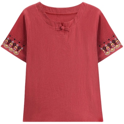 棉麻百搭刺绣民族风短袖薄女