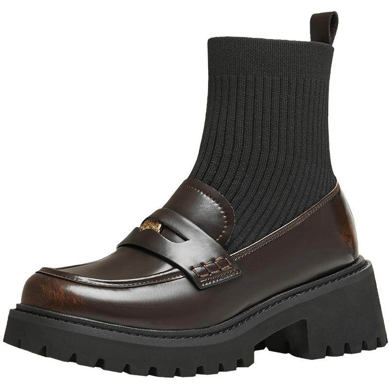 天美意复古英伦加绒弹力靴乐福袜靴女鞋子厚底瘦瘦短靴冬新款