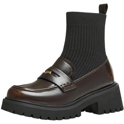 天美意复古英伦加绒弹力靴乐福袜靴女鞋子厚底瘦瘦短靴冬新款