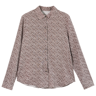 GESGOO复古文艺腰果花长袖上衣女秋季内搭休闲翻领含亚麻衬衫显瘦