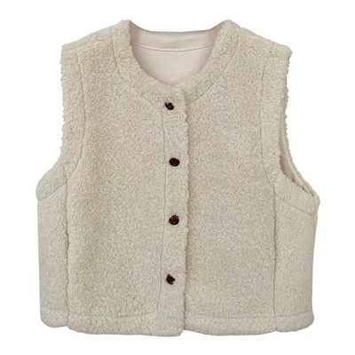 花花家韩系2025秋冬新款羊羔毛马甲女圆领纽扣开衫百搭叠穿外套女