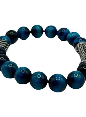 男士天然蓝色虎眼石宝石串珠手链
