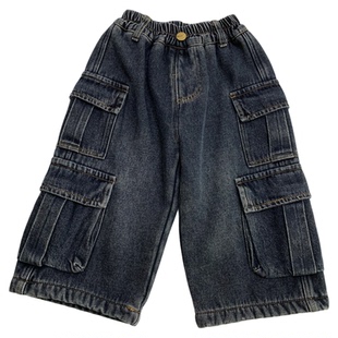 男童加绒工装牛仔裤2025冬装男孩韩版酷帅直筒裤时尚大口袋阔腿裤
