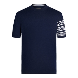 Mangano曼加龙 秋冬新款条纹圆领短袖针织衫男潮牌百搭休闲羊毛衫