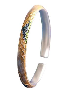 足银999.9千里江山银手镯女纯银山海描金珐琅银镯子新中式送女友