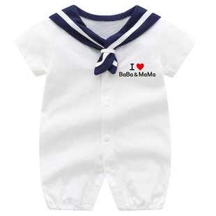 网红婴儿满月衣服百天一周岁宝宝夏装礼服男女海军短袖连体衣薄款