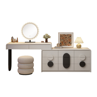 2025新款奶油风梳妆台卧室现代简约收纳柜斗柜一体实木化妆桌床尾