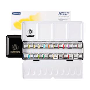 史明克固体水彩颜料学院级大师级12色24珠光色迷你半全块铁盒木盒礼盒套装初学者美术生便携绘画写生分装