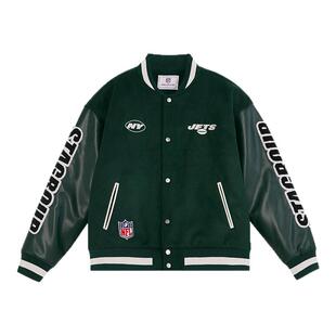 NFL美橄官方喷气机球队棉服 复古刺绣美式运动排扣撞色棒球服外套