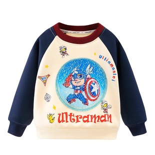 男童加绒卫衣秋冬款儿童加厚保暖上衣小男孩宝宝亮片一体绒圆领衫