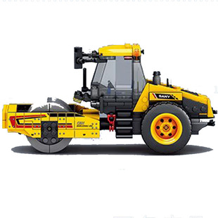 中国产拼插积木压路机玩具拼装压路车三一重工修路工地模型工人