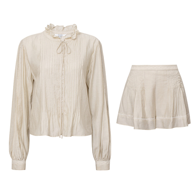 TOP家 松弛法则 法式复古浪漫灯笼长袖系带衬衫+松紧腰宽松短裤