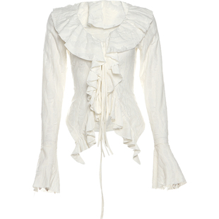 KLIOU 甜欲氛围感荷叶边拼接系带长袖T恤女显瘦修身不规则上衣 秋