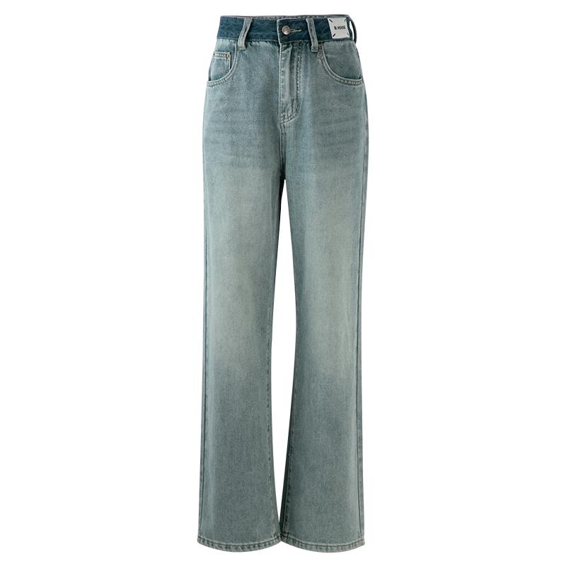 Basic House/百家好水洗直筒牛仔裤女秋冬新款高腰宽松阔腿长裤