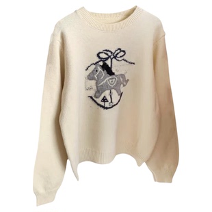 韩系休闲减龄小马印花毛衣女2026春季新款宽松显瘦软糯百搭上衣
