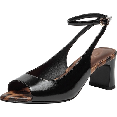 真美诗牛皮豹纹法式尖头鱼嘴凉鞋