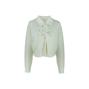 迟伞伞26/ss 月光玛德琳 假两件蕾丝蝴蝶结翻领羊毛针织衫短上衣