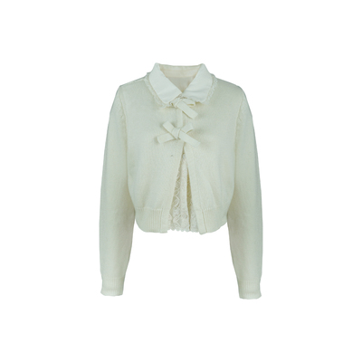 迟伞伞假两件蕾丝蝴蝶结针织衫