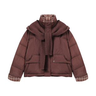 西町村屋复古羽绒服女2025冬新款格子拼接外套含披肩帽XAAD10002