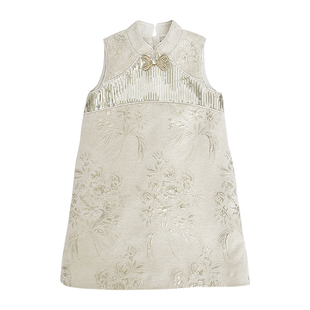 小童木 贵气新中式女童连衣裙秋季新款背心裙儿童亮片刺绣旗袍裙