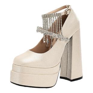 恨天高跟鞋女15厘米厚底白色伴娘方头玛丽珍婚鞋粗跟法式水钻单鞋