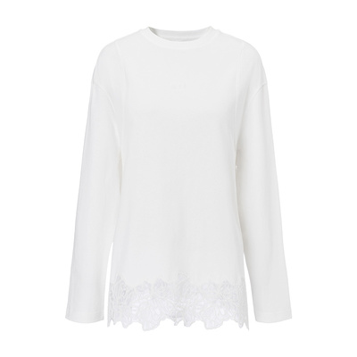 EVAOUXIU蕾丝拼接T恤2026年春商场同款简约纯棉白色休闲长袖上衣