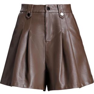 百褶皮短裤女秋冬2024新款宽松阔腿显瘦高腰春秋款短皮裤棕色