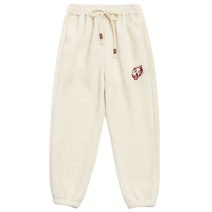 秋冬纯色运动虎头潮牌美式休闲羊羔毛睡裤子束脚宽松羊羔绒卫裤男