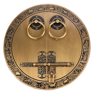 仿古别墅大门纯铜门环拉手新中式木门门栓铜插销把手明装圆形门锁