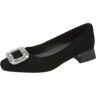 康莉水钻粗跟黑色单鞋2025秋季新款法式气质真皮高跟鞋配裙子鞋子