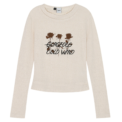 喜士潮社AGXS假两件美式复古印花玫瑰T恤女长袖修身短款上衣