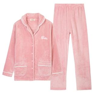 顶瓜瓜冬季加绒加厚翻领开襟法兰绒睡衣长袖长裤男女家居服套装