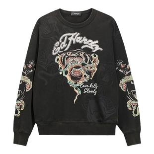 Ed Hardy埃德哈迪冬季新款美式复古烫钻圆领男士潮牌套头卫衣