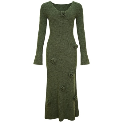 酒午自制修身V领针织鱼尾连衣裙