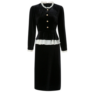 海青蓝 黑色金丝绒2025年新款连衣裙女秋冬法式减龄假两件裙子