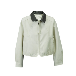 2026春季设计感撞色翻领短款外套女皮领夹克小个子百搭显瘦上衣新