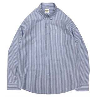 牛津纺条纹衬衫男日系复古青年全棉日式正式扣领商务休闲长袖衬衣