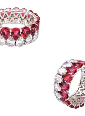 梨形红宝双排镶嵌满钻排戒
