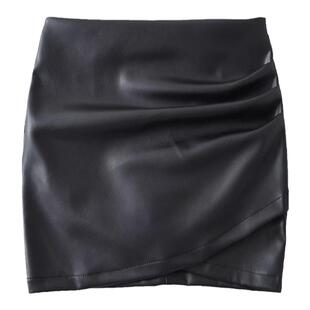 liviahome 交叉层叠PU皮裙包臀短裙黑色A字半身裙女2025新款秋冬