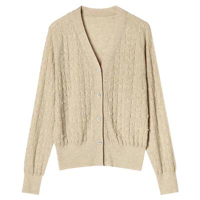 微弹开衫上衣珍珠点缀毛衣