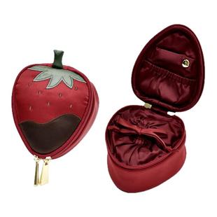 刘亦菲同款高颜值草莓刺绣便携首饰盒戒指项链手表迷你旅行收纳包