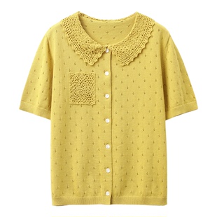 -VTG复古风【强捻棉◆细针编◆镂空菱格】手工钩花◆娃娃领针织衫