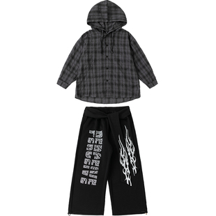 女童jazz爵士舞服女孩复古连帽格子衬衫jazz街舞现代舞走秀演出服
