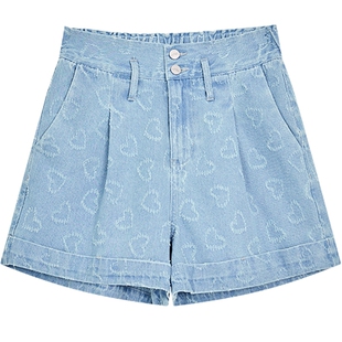 妖精的口袋扎花爱心高腰牛仔裤女2025年夏季新款宽松翻边显瘦短裤