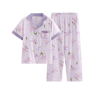 芬腾纯棉女士短袖长裤睡衣夏季女薄款开衫休闲宽松大码家居服套装
