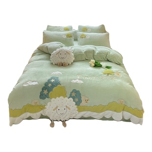 2025新款可爱卡通小绵羊冬季牛奶绒四件套加厚双面珊瑚绒被套公主