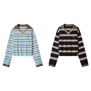 【豆蔻手札】Uena美式复古刺绣假两件格纹衬衫v领条纹毛针织衫女