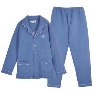 美标新款冬季纯棉三层夹层睡衣情侣男女保暖夹棉家居服套装